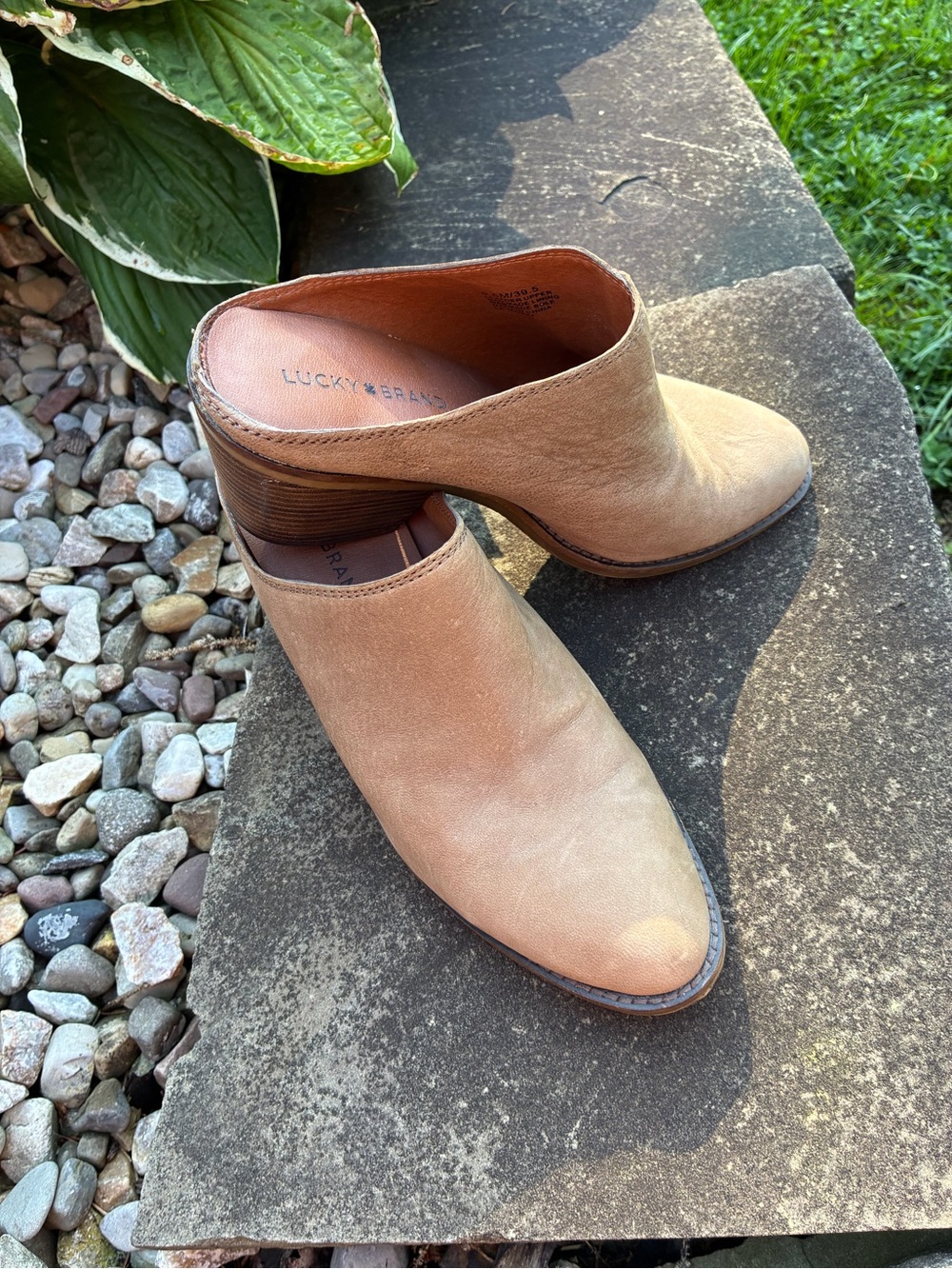 Lucky Brand Tan Suede Slip-On Mules with Stacked Heel